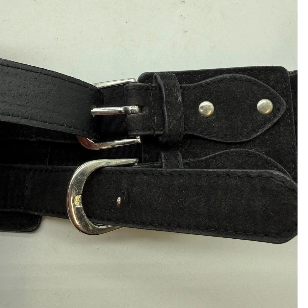 Le Chateau Black Studded Elastic Cinch Belt Double Buckle M Y2K goth moto biker‎